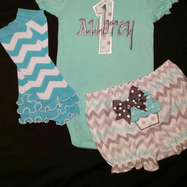 Baby Girl Birthday Outfit- Cupcake outfit- Birthday onesie, bloomers, leg warmers- Aqua and Gray