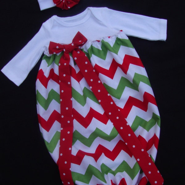 Newborn/ Infant Chevron Christmas / Holiday Take Me Home Gown with Matching Headband in Red and Green Color (w/ option to personalize)