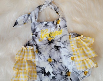 Infant, Toddler, Girls Ruffled Sunsuit / Romper in Daisy floral print and yellow ruffles With option to PERSONALIZE