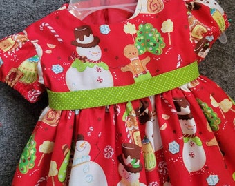 Infant Toddler Girls Christmas Party Dress/ Snowman / Gingerbread/ Red Green Christmas Dress (0-3mos -24 mos.)