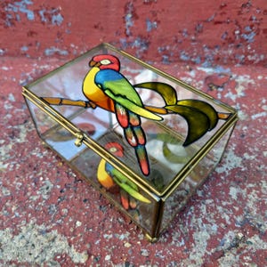 Op de afbeelding: Een rechthoekige glazen sieradendoos met een messing frame. De deksel heeft een kleurrijk glas-in-lood ontwerp van een papegaai die op een tak zit. De papegaai heeft rode, gele, blauwe en groene veren. De doos is gesloten met een kleine sluiting.
