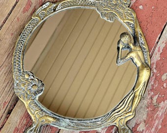 Vintage Metal Table Mirror with Woman and Flowers