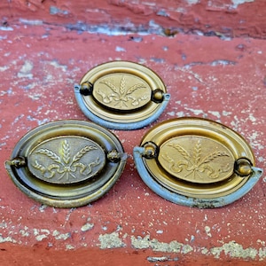May include: Three oval brass drawer pulls featuring a central embossed wheat stalk design with ribbon accents. Each pull has a hinged drop handle attached to a decorative backplate with a textured border and a weathered metallic finish.