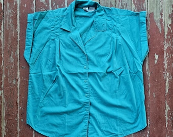 Size L Large Teal Women's Grand Design Short Sleeve Button Up Shirt Blouse