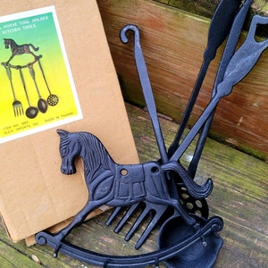 Vintage Metal Rocking Horse Utensil Holder with 4 Utensils