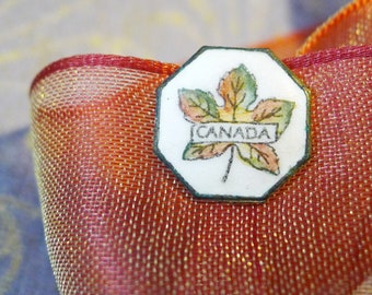 CANADA Enamel Pin Vintage Jewelry, Canada Hand Colored Decal Maple Leaf Lapel Pin in Autumn Falling Leaves Colors on White Octagon Shape