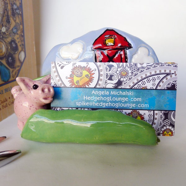 Modern Farmhouse Handmade Business Card Holder with Barn and 3D Speckled Pink Pig, Pig Business Card Holder, Farm Decor Office