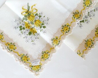 Yellow Rose of Texas Vintage Handkerchief is Hand Painted in the Philippines Yellow Beige White Collectible with Original Label Excellent