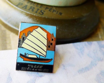 DHL Asian Sailboat Cloisonne Enamel Pin Contemporary Vintage Jewelry, Junk Boat DHL Lapel Pin, Dalsey Hillblom Lynn International Logistics