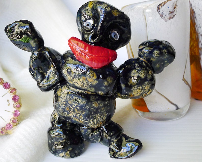 Handmade Studio Pottery Black and Bronze Harlequin Friendly Monster Figure is Ready to Ship, One of a Kind Ceramic Figure Interior Designer image 5