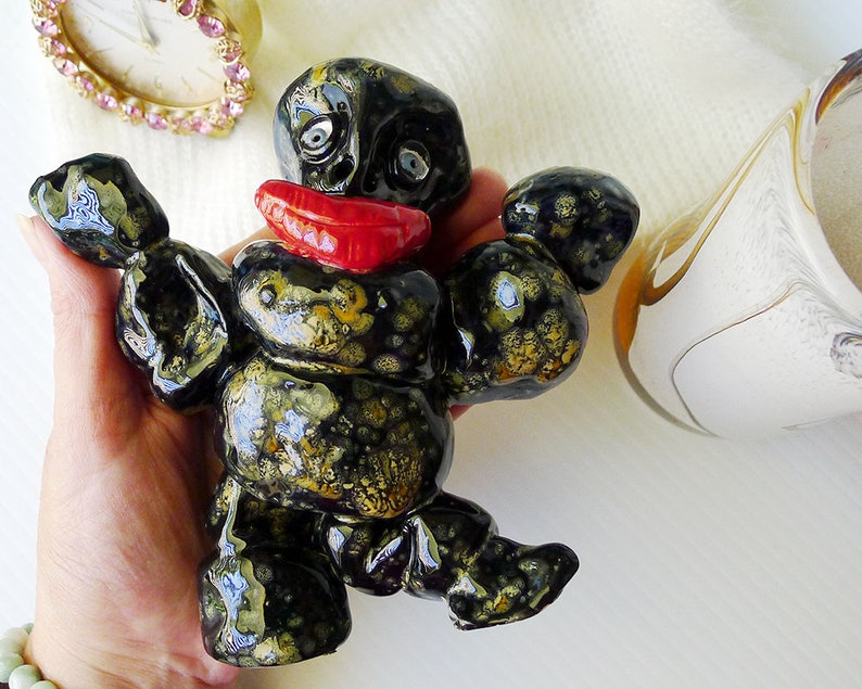 Handmade Studio Pottery Black and Bronze Harlequin Friendly Monster Figure is Ready to Ship, One of a Kind Ceramic Figure Interior Designer image 8