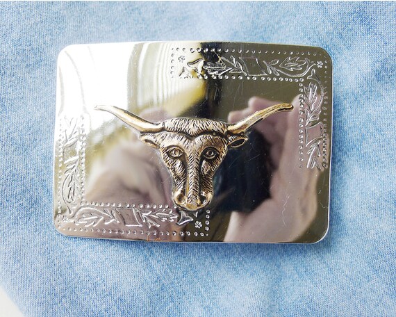 Pewter Belt Buckle animal 2 tone Texas Longhorn Steer Skull NEW