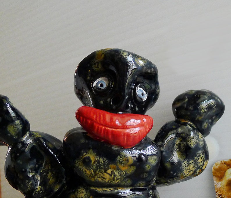 Handmade Studio Pottery Black and Bronze Harlequin Friendly Monster Figure is Ready to Ship, One of a Kind Ceramic Figure Interior Designer image 7