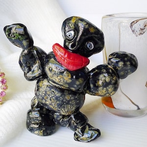 Handmade Studio Pottery Black and Bronze Harlequin Friendly Monster Figure is Ready to Ship, One of a Kind Ceramic Figure Interior Designer image 1