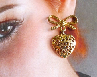 Vintage Pierced Earrings with Dangling Bows and Hearts Disco Era Jewelry are Stunning Vintage Jewelry