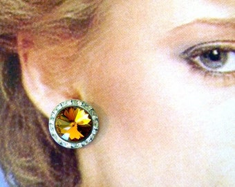 Vintage Disco Sparkling Golden Orange Pierced Earrings 1980s Disco Mod Earring Sparklers