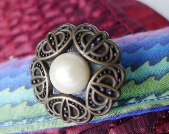 Faux Pearl Vintage Jewelry Pin is a Circular Design w Stylized Crowns or Celtic Cross in Excellent Condition for Him or Her Lapel Pin