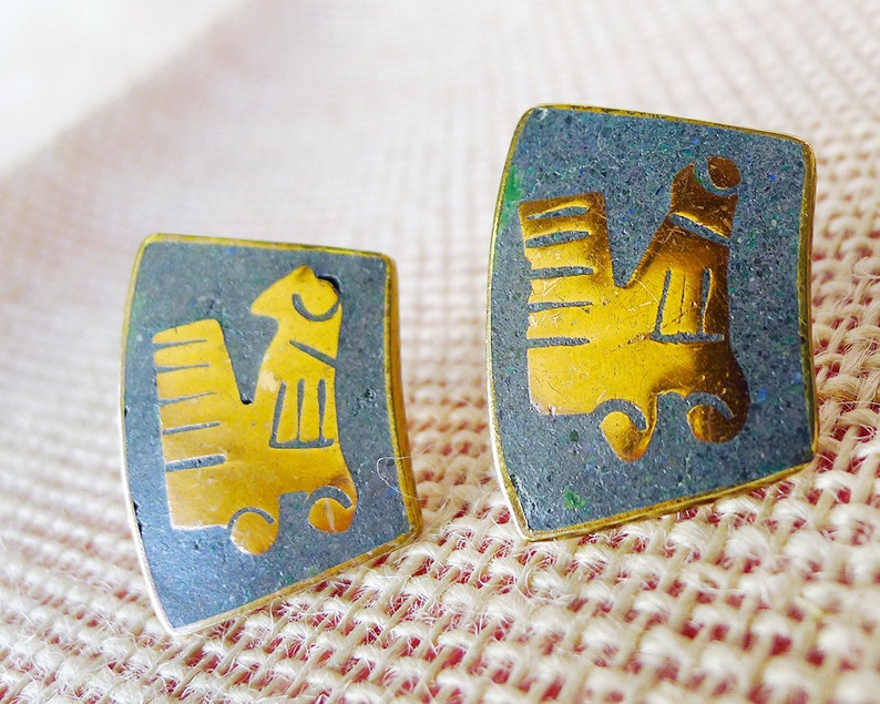 Rare HTF Circa 1940 Mexican Copper Artisan Screw Back Earrings Signed Mexican Vintage Jewelry Signed Cobre Talquepaque Seagull Design