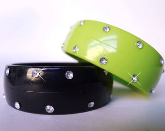 Plastic Vintage Jewelry Rhinestone Bangles Set Includes One Green and One Black Bracelets Each with Sparkling Clear Rhinestones