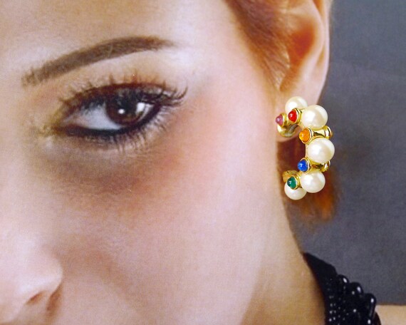 statement earrings REtro elegant faux gold and pearl 1970/'s 80/'s busy dangle hoops pierced earring chic funky and eye catching earrings
