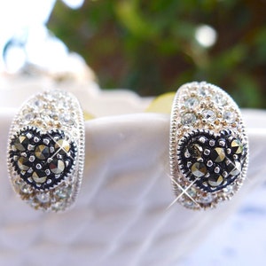 Vintage Sterling Silver Black and Silver Marcasite Heart Pierced Earrings are Beautiful Vintage Jewelry