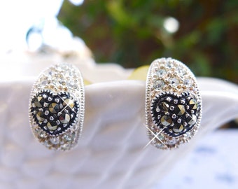 Vintage Sterling Silver Black and Silver Marcasite Heart Pierced Earrings are Beautiful Vintage Jewelry