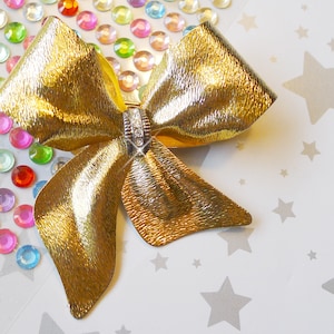 Textured Gold Tone Ribbon Bow w Rhinestones at Center Unsigned Vintage Jewelry Brooch Pin, Lightweight Bow Feels Like Gold Dipped Fabric
