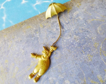 Golden Clown Swings from an Umbrella and is Signed JJ Jonette a Wonderful Collectible Line of Whimsical Vintage Jewelry