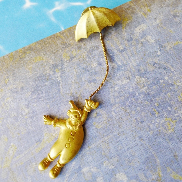 Golden Clown Swings from an Umbrella and is Signed JJ Jonette a Wonderful Collectible Line of Whimsical Vintage Jewelry