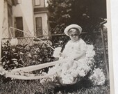 Child Antique Photograph Fishing in Boat of Flowers, Children Photography, Black White Antique Photo