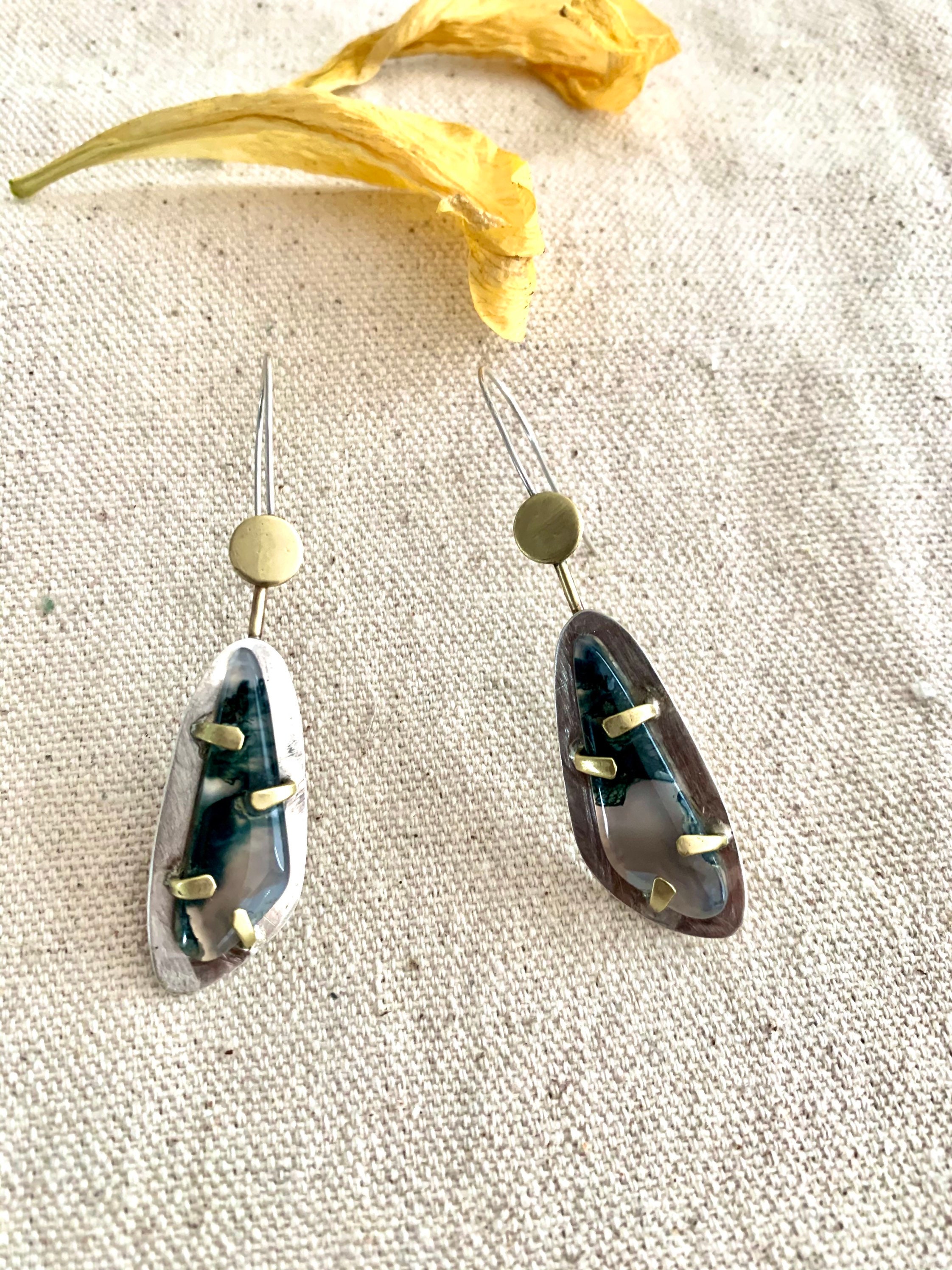 Chrysalis earrings with moss agates silver and brass Etsy