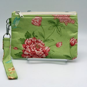 Wrist Wallet with Detachable Lanyard, Zippered Wrist Bag, Wrist Wallet, Fully Lined, Green Floral, Pink Peonies, Garden Pastel