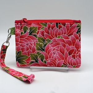 Wrist Wallet with Detachable Lanyard, Zippered Wrist Bag, Wrist Wallet, Fully Lined, Hawaiian Flowers, Garden, Peonies, Camelia, Mumm