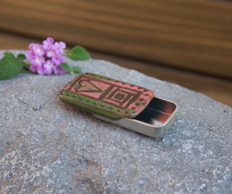 Sliding Pill or Stash Box Pink and Green Folk Heart