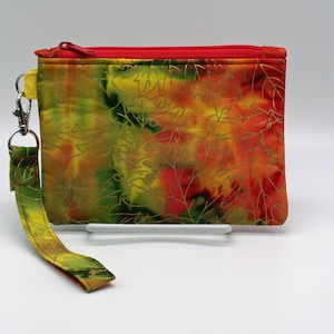 Batik Wrist Wallet with Detachable Lanyard: Fall Leaves Zippered Bag
