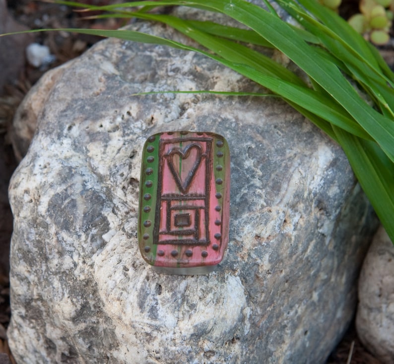 Sliding Pill or Stash Box Pink and Green Folk Heart
