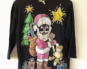 Vintage Ugly Christmas Puffy Paint Santa Shirt One Size Fits All Quarter Sleeve Hand Painted Shirt AMAZING With Shoulder Pads Ugly Christmas