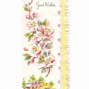 Vintage Congratulations Beautiful Flowers and Farmhouse  Scalloped Edge Circa 1950s