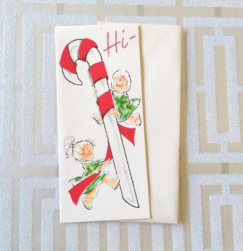 Vintage Mid Century Christmas Card Hi Adorable Children Wrapping the Red on a Candy Cane Unused