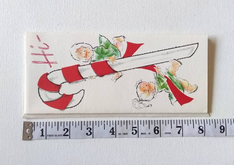 Vintage Mid Century Christmas Card Hi Adorable Children Wrapping the Red on a Candy Cane Unused