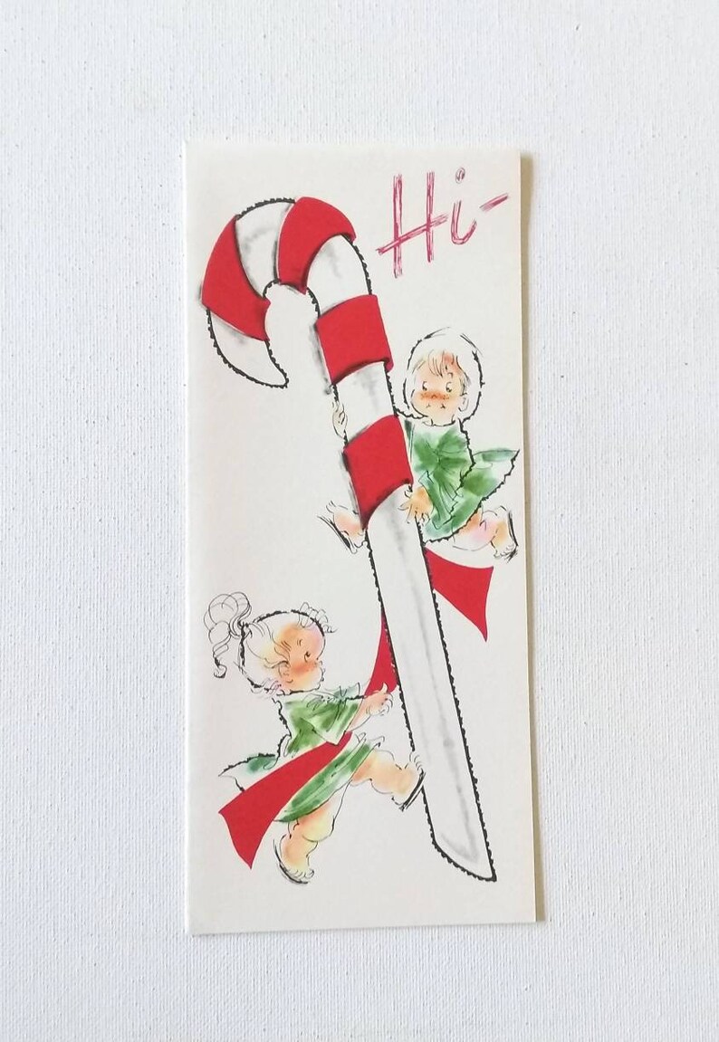 Vintage Mid Century Christmas Card Hi Adorable Children Wrapping the Red on a Candy Cane Unused