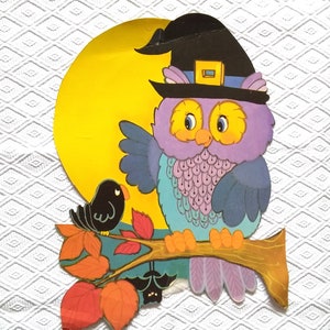 Vintage Halloween Decor Owl with Witch Hat on Autumn Branch with Bird Eureka Die Cut
