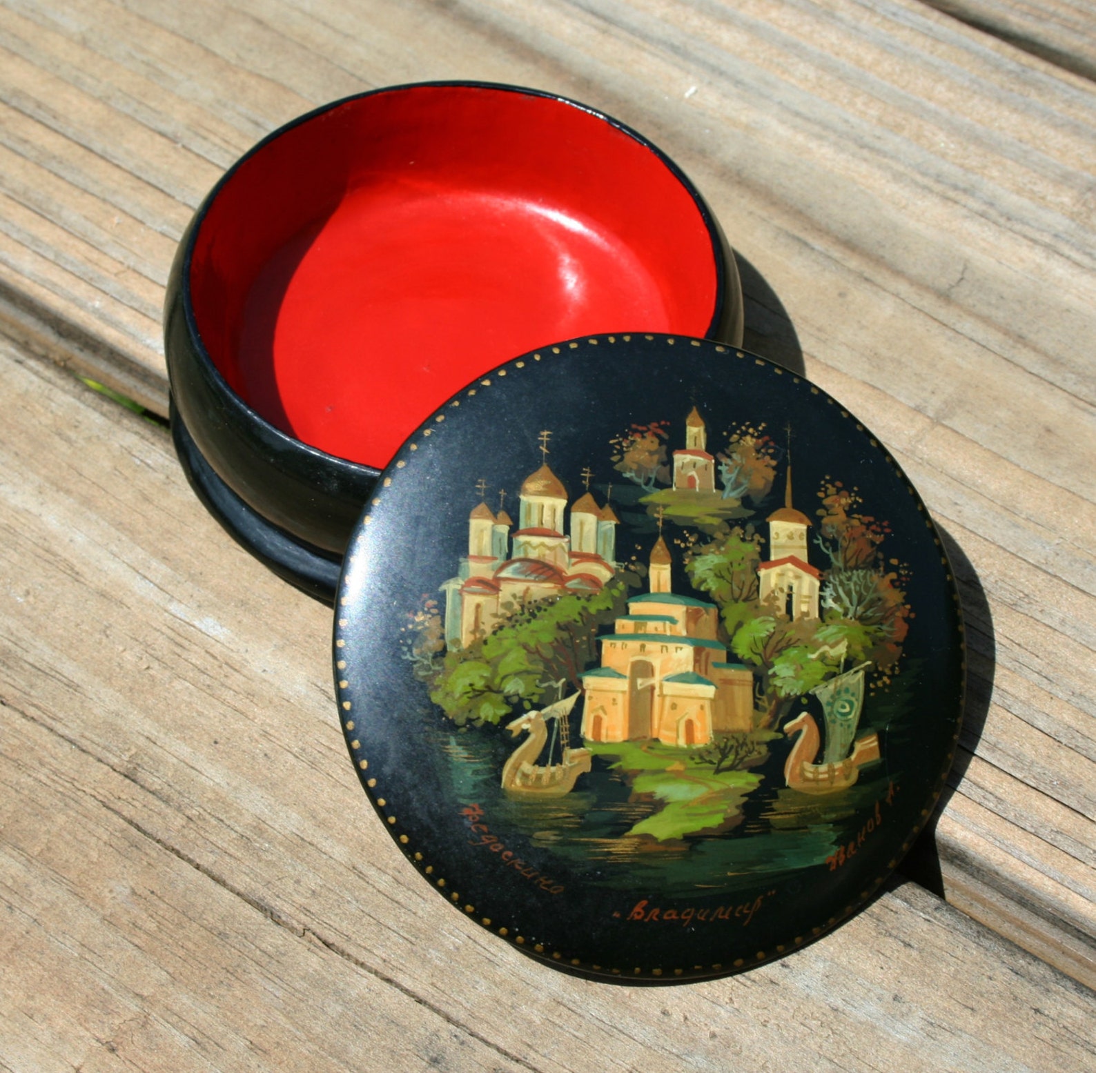 Vintage Russian Lacquer Trinket Box Round Etsy