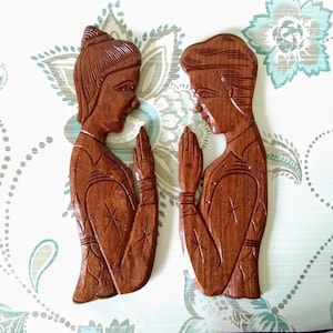 Vintage Wall Decor Wooden Relief Cut Bowing Couple 2 Pieces Matching