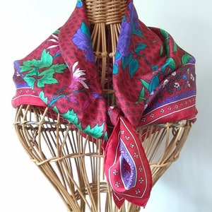 Vintage Silk Scarf Pink and White Flowers on Red Purple Green Blue 31 Inches