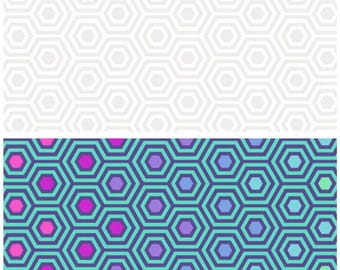 May include: A two-part graphic design featuring a top section with a light gray repeating hexagonal pattern and a bottom section with a vibrant, multi-colored geometric honeycomb print in shades of teal, purple, magenta, and blue.