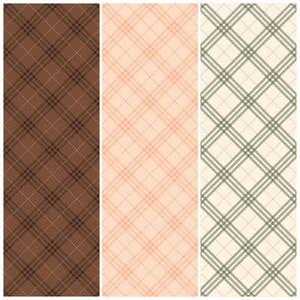 Puede incluir: Tres paneles verticales con patrones de cuadros en marrón, melocotón y verde. Cada panel presenta una cuadrícula diagonal de líneas que se cruzan, creando un diseño de cuadros clásico. Los colores son suaves y apagados.