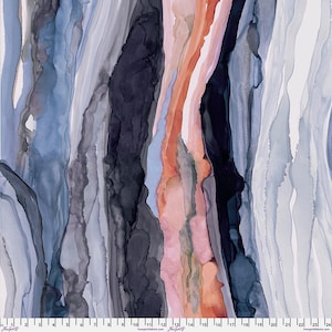 May include: Abstract watercolor fabric with vertical streaks in shades of blue, gray, black, pink, and orange. The design resembles flowing ink or paint, creating a textured and artistic pattern. The fabric is suitable for various craft and design projects.