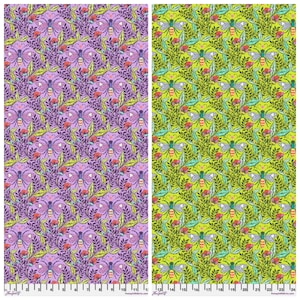 May include: Two fabric panels with a repeating pattern of stylized bees, leaves, and flowers. One panel is lavender, the other is lime green. The design includes a ruler along the bottom edge, with measurements in inches.