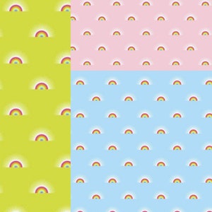 May include: A seamless pattern featuring a rainbow sunburst design on three different colored backgrounds: green, pink, and light blue.
